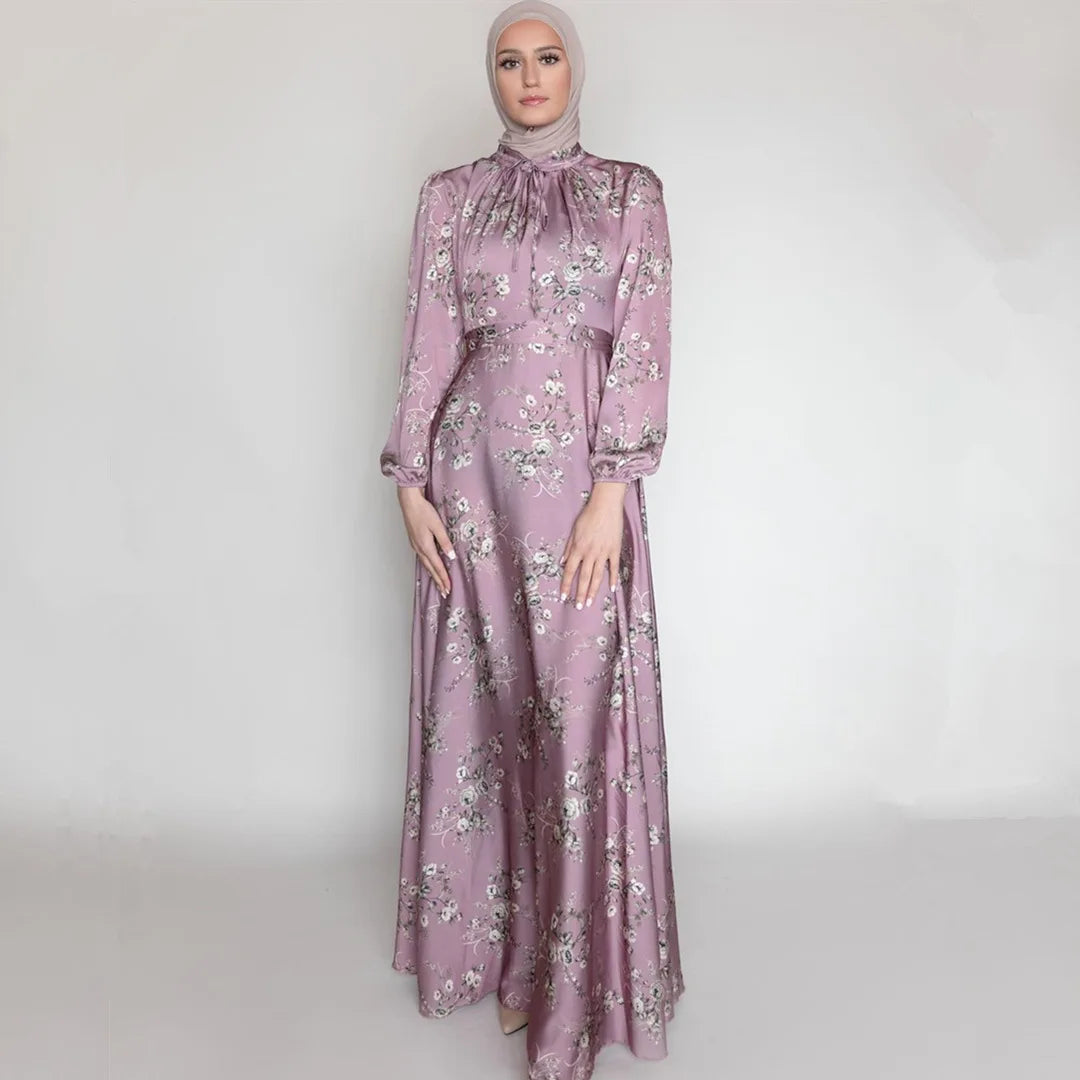 2022 Yiwu Manufacturers Wholesale Softly Tied Waist Big Hem Dress Elegant Satin Long Dress Dubai  Dress