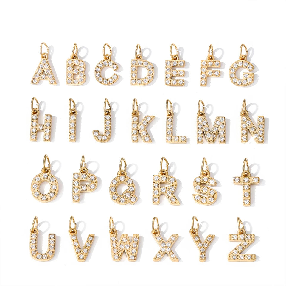 Gold Plated Cz  Zirconia Diamond Alphabet A-Z Zircon Cubic Initial Charm Capital Letters Jewelry Set for Necklace Making