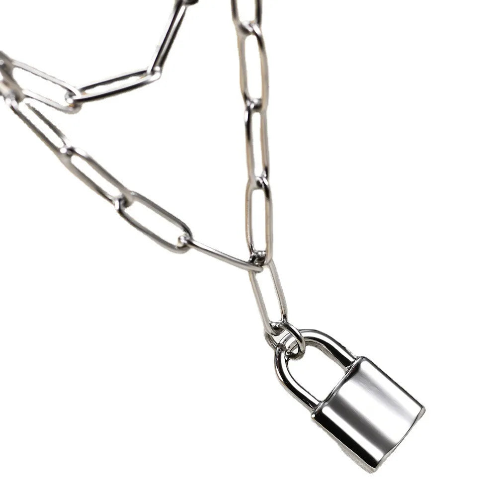 Nabest Waterproof Stainless Steel Paper Clip Lock Pendant Necklaces 18k Gold Plated Double Layer Choker