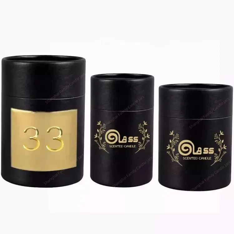 Custom Logo Black Golden Gift Packaging Cylinder Round Tube Candle Box