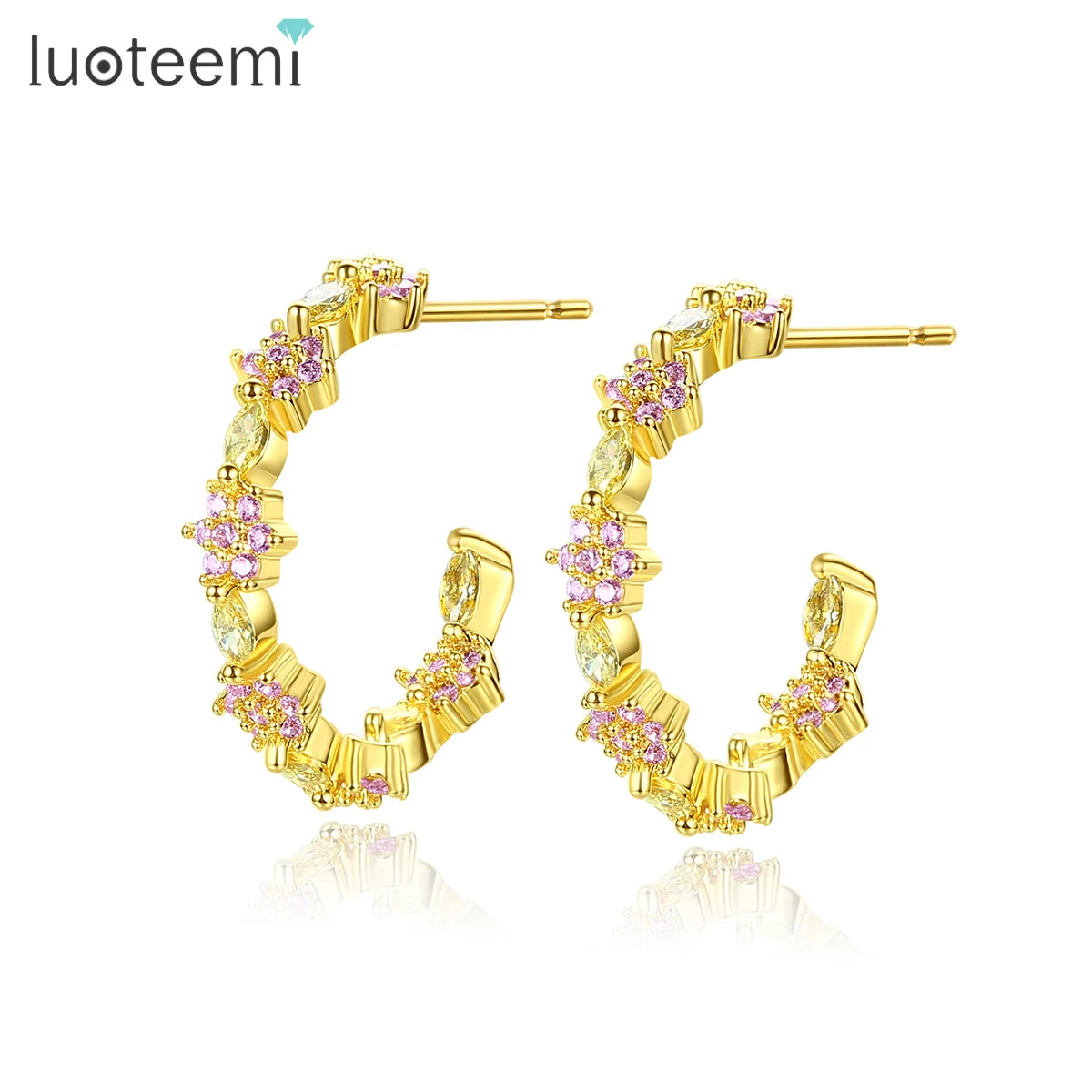 LUOTEEMI 18K Solid Gold Plated Rhodium Trendy C Shaped Hoop Earrings Brass Crystal Earrings Stud for Women Jewelry Wedding