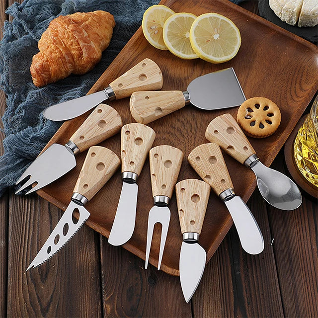 Creative Western-Style Cheese Tools Stainless Steel Knife Fork Rubber Wood Cheese Knife with Comfortable Cheese Handle