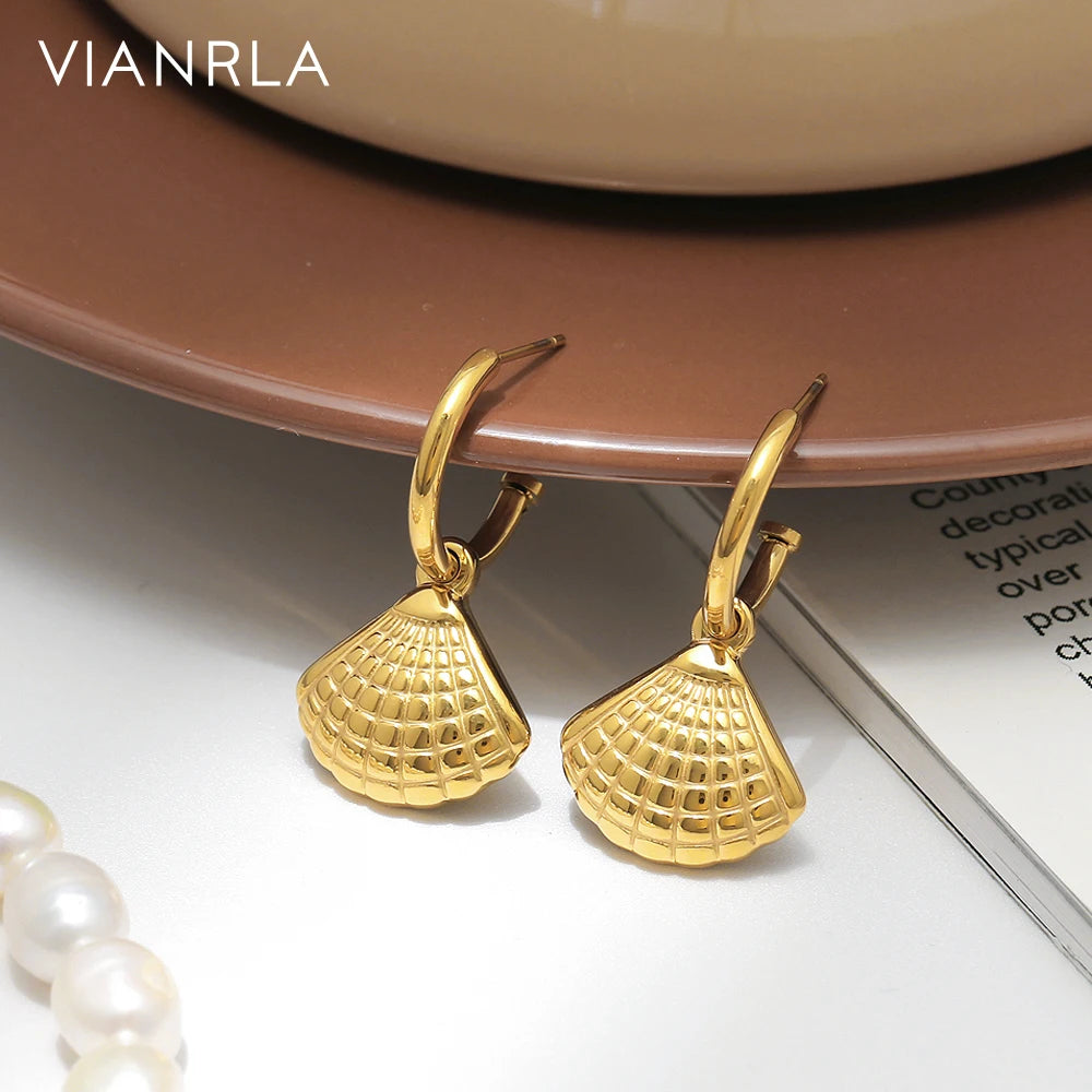 VIANRLA Stainless Steel Jewelry Shell Pendant Hoop Earrings Minimalism Gift 18K Gold PVD Plated Free Laser Logo Drop Shipping