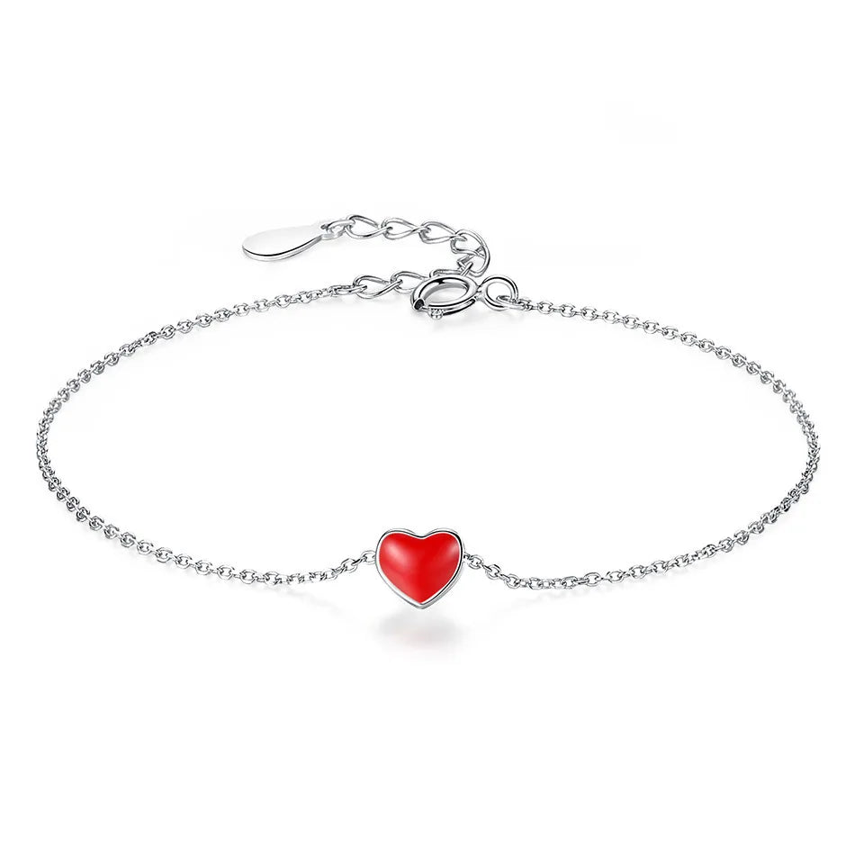 Fine 925 sterling silver sweet heart shape red enamel bracelet for women girls
