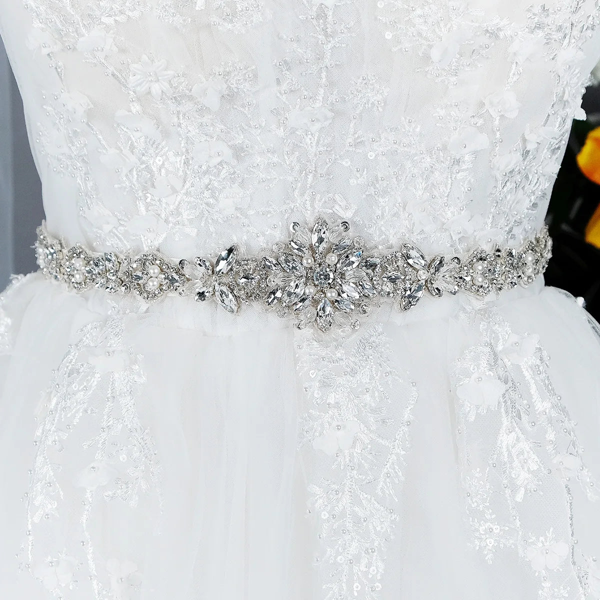 Long Ribbon Belt Silver Rhinestone Crystal Sewable Applique Wedding Dress Bridal Decoration Waist Belt