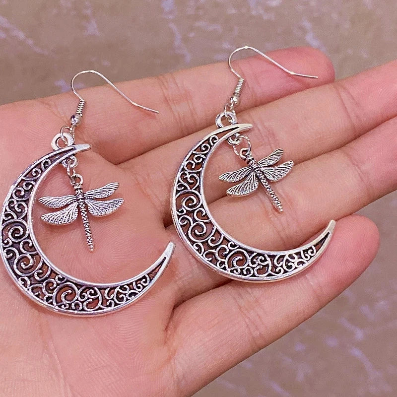 Silver Color Animal Drop Earrings Hollow Moon Dragonfly Dangle Earrings Dragonfly Drop Jewelry Earrings for Women