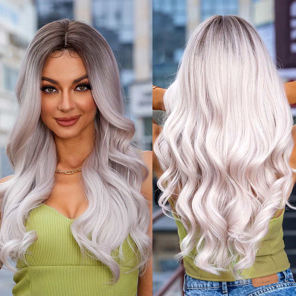 Wigs Factory Synthetic Wig White with Highlight Long Wigs Middle Part Hair Daily Natural Wavy Heat Resistant Fiber for Women