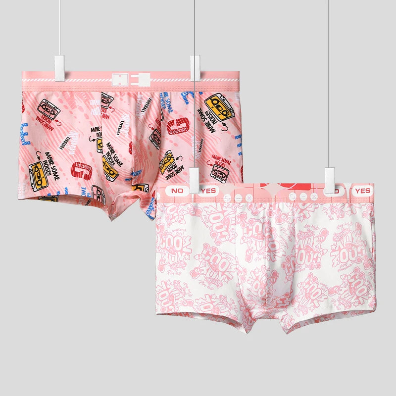 Young Men's Pink Cotton Soft Elastic Underwear Breathable Mid-Rise Boyshorts Trendy Loose Boxer Shorts Briefs for Home Pajamas
