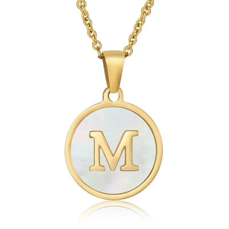 26 Letter Natural Shell Necklaces 18K Gold Stainless Steel Custom Name Round Pendant Initial Necklace