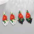 Black Blue Red Beaded Fringe Earrings Beadwork Long Rose Earring Dangle Boho Jewelry