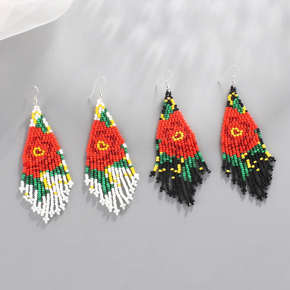 Black Blue Red Beaded Fringe Earrings Beadwork Long Rose Earring Dangle Boho Jewelry