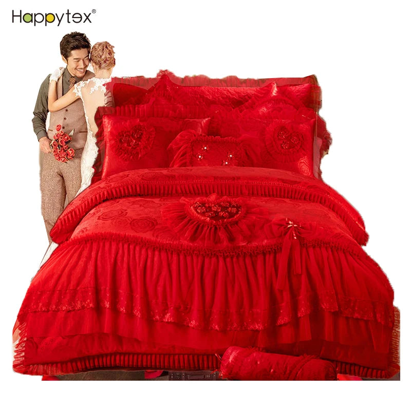 American Style Cotton Princess Lace Embroidery Rose Red Pink 4PCS Set Wedding Bedding Set for Adults Home Hotel