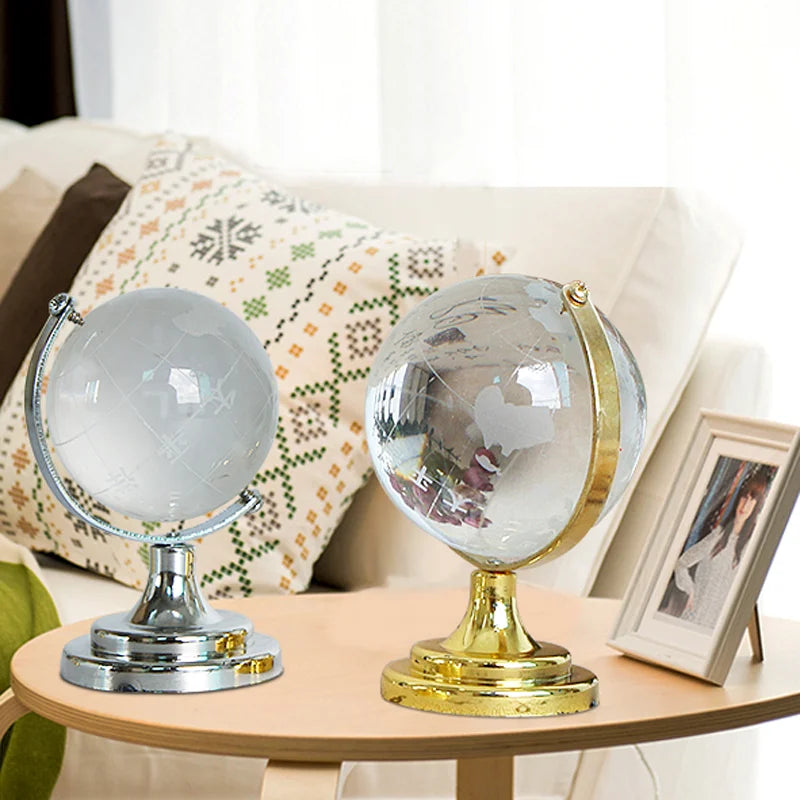 YearsCrystal Antique Crystal Globe Earth Map Silver/Gold Metal Stand Desk Decoration Collectible 6cm Custom Logo Polished Finish