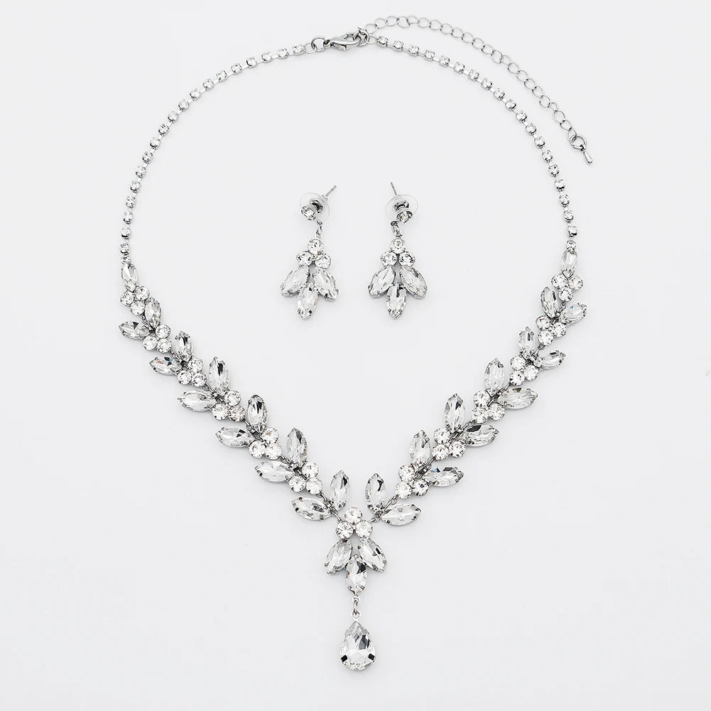 French Elegant Bridal Crystal Rhinestone Necklace Jewelry Earring Set Fashion Lady Necklace and Earring Set