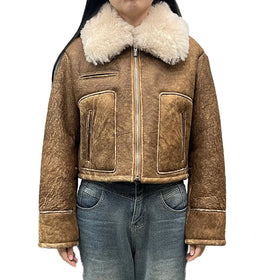 Women New Coming Winter Real Shearling Leather Jacket Soft and Warm Bomber Jacket