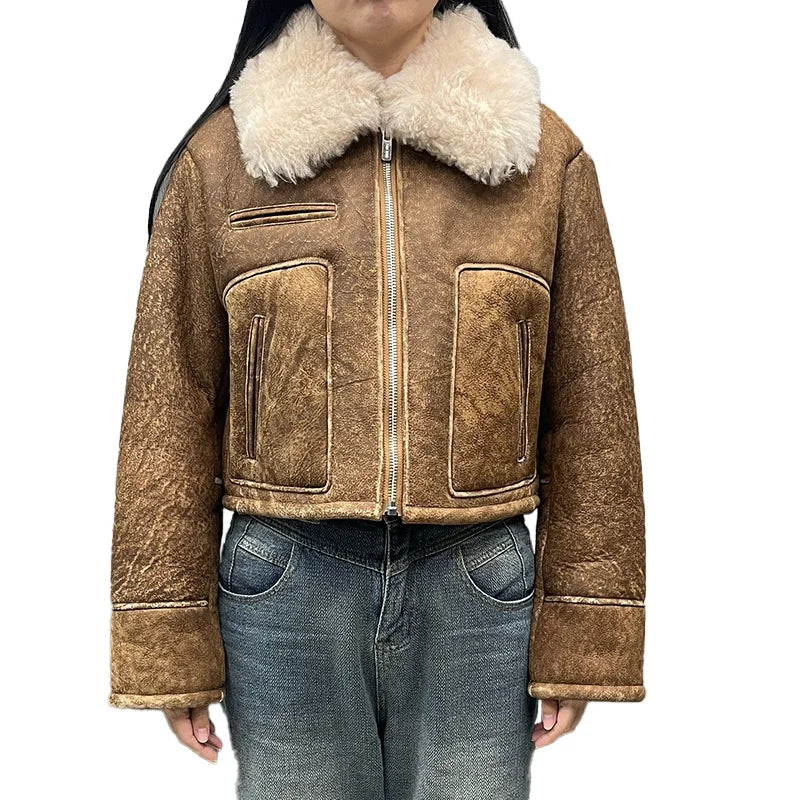 Women New Coming Winter Real Shearling Leather Jacket Soft and Warm Bomber Jacket
