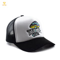 Black Suede Brim White Foam 100% Polyester Dobby Fruit Pattern Nylon Mesh Trucker Cap Custom Embroidery Logo