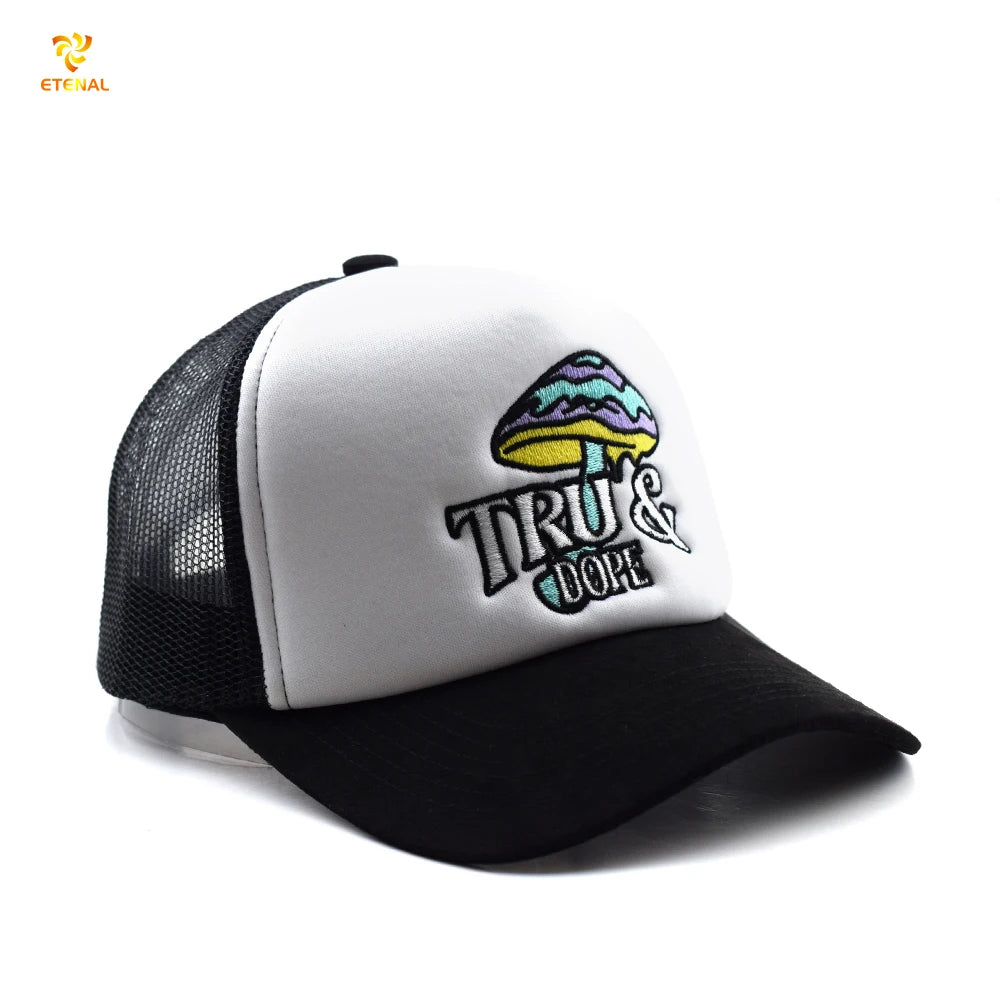 Black Suede Brim White Foam 100% Polyester Dobby Fruit Pattern Nylon Mesh Trucker Cap Custom Embroidery Logo