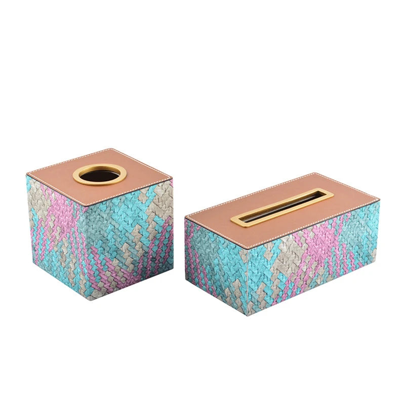 Large Woven Faux Leather Tissue Box Cover with Luxury Striped Design Elegant Napkin Holder for Desktop Living Room & Bathroom