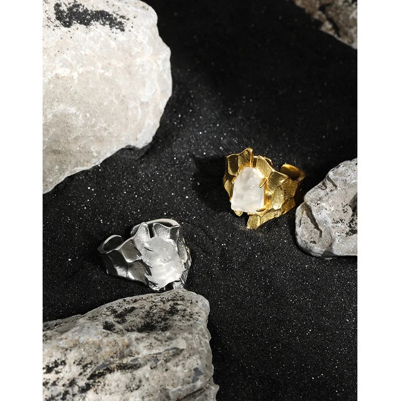 DEYIN Natural Stone Irregular 18k Gold Plated Silver 925 Jewelry Factory Exaggerate Silver 925 Heavy Rings for Women