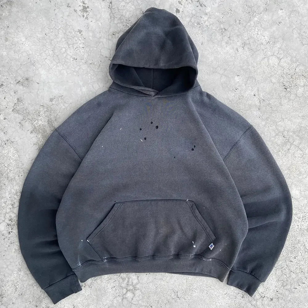 Custom Acid Washed Vintage Men'S Hoodie Custom High Quality Pullover Rivets Streetwear Plus Size Distressed Hoodie No Drawstring