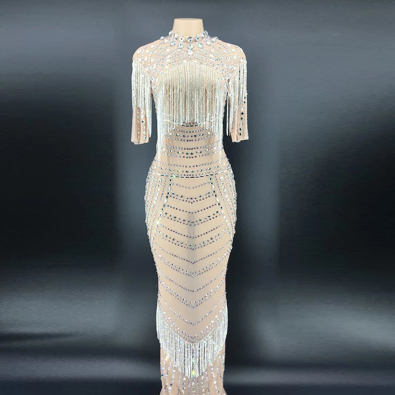 Bar Party Singer Club See Through Sexy Birthday Outfits Womenmesh Rhinestone Gown Dress