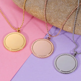 Women's Gold Plated Rose Gold 25mm Round Shape Stainless Steel Engravable Personalized Gift Pendant Chain Necklace