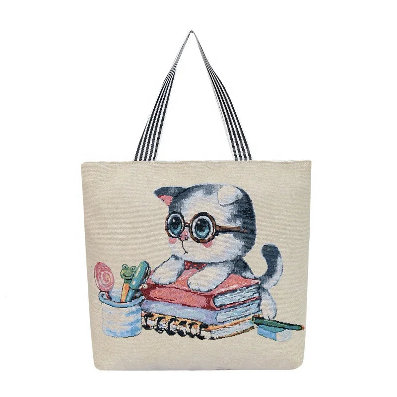 Foreign Trade Shoulder College Students Fashion Cat Embroidery Women's Bag Large Capacity Printed Canvas Tote Shopping