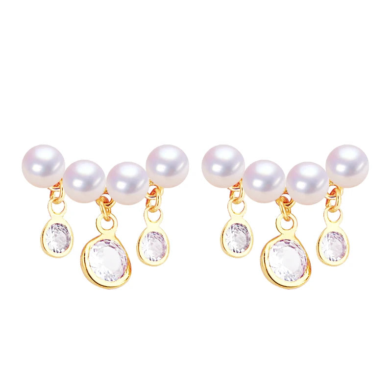 S925 Silver Needle & Zircon Tassel Pearl Stud Earrings Natural Freshwater Pearl Design