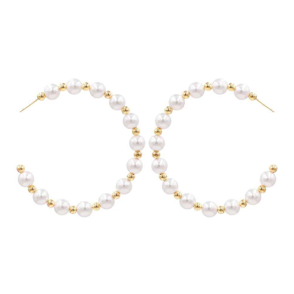 New Fashion Large Gold Plated Imitation Pearl Hoop Earrings Vintage Style Brass Jewelry Korea-inspired Gift for Women