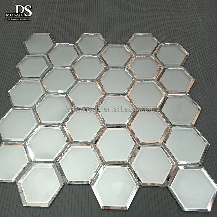 Modern White Waterjet Hexagon Black and Gold Glass Mosaic Self-Adhesive Tiles Mirror Glass Backsplash Peel and Stick Mosaic Wall
