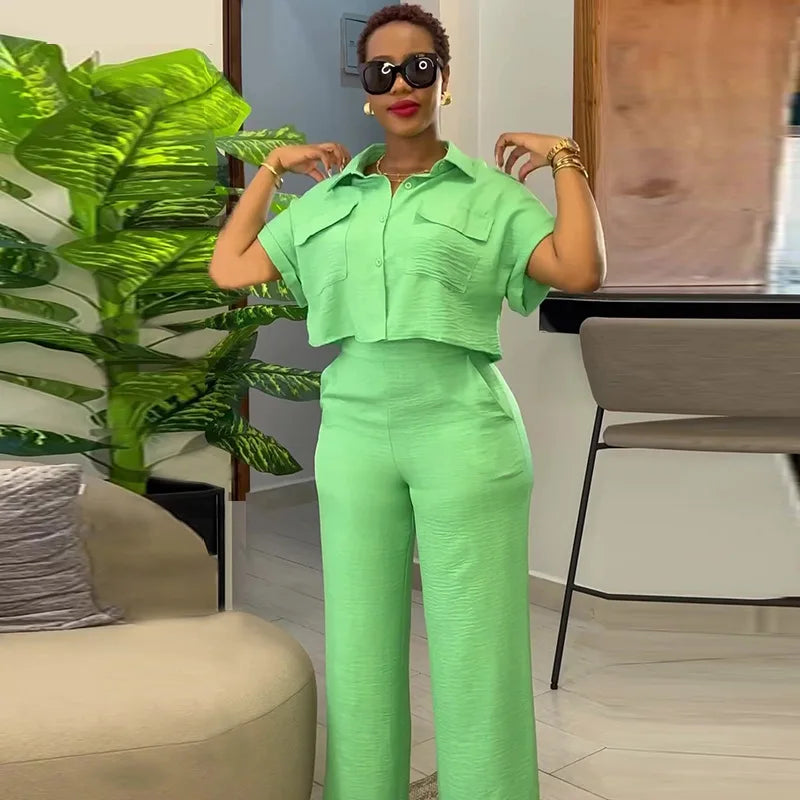 GX9223 Fashion Spring Summer Boutique Outfit Women Lounge Wear Short Sleeve Cropped Shirt and Wide-leg Pant 2 Piece Set