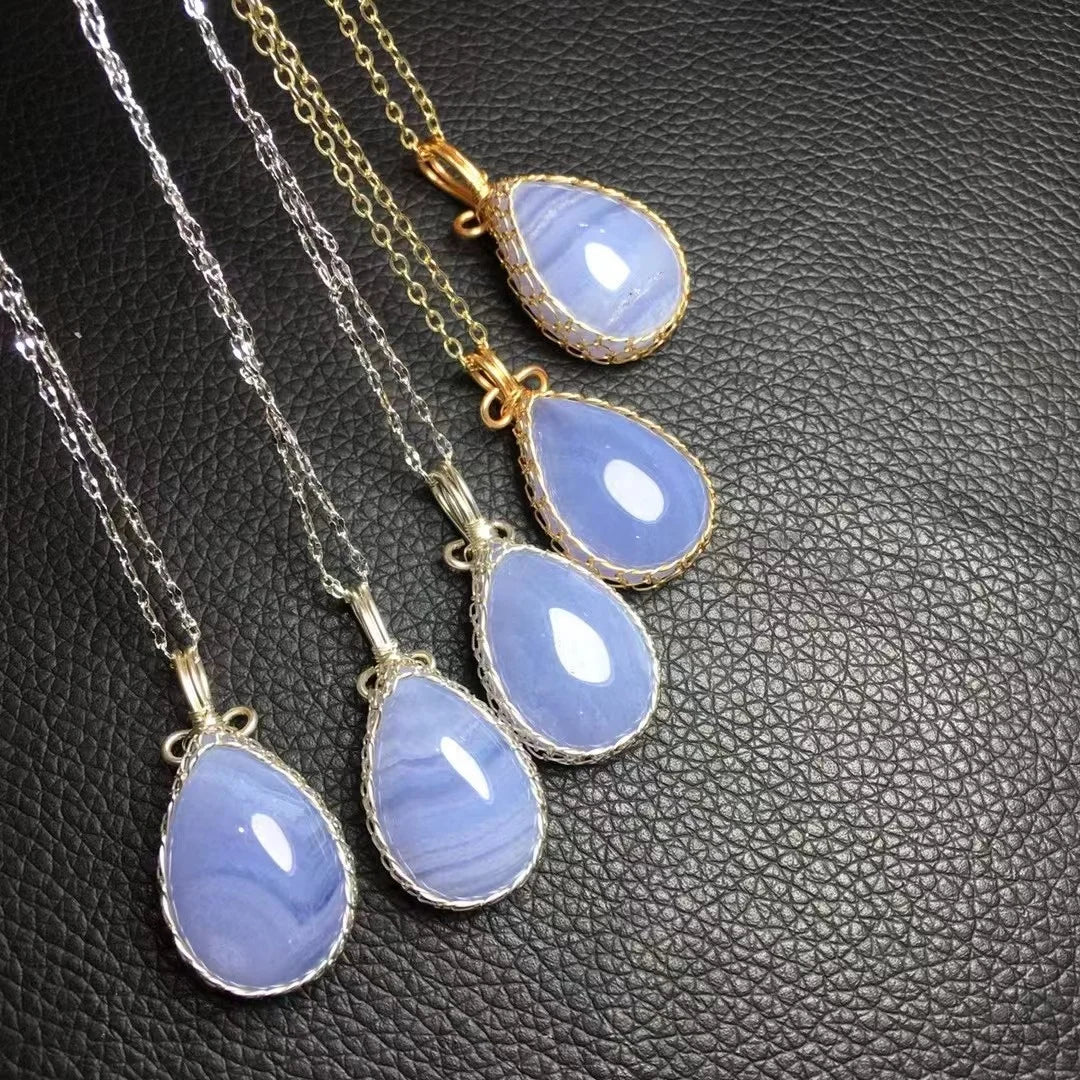 Original 925 Sterling Silver 18K Gold Plated Fashion Gemstone Natural Blue Lace Agate Pendant Necklace