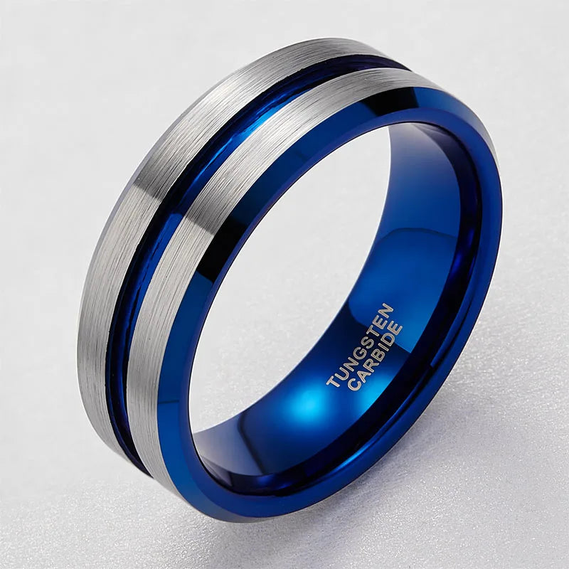OAHLAN High Quality Fashion Jewelry 8mm Brushed Thin Blue Line Grooved Tungsten Carbide Rings for Men Wedding Gift Dropshipping
