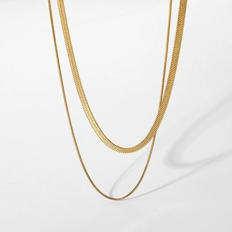 Simple 18K Gold Stainless Steel Double Layered Herringbone Chain Flat Snake Chain Chocker Necklaces for Women