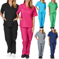 V-shaped Stand-up Collar Solid Color Short Sleeve Elastic Drawstring Waist Jogger Leg Pants Work Clothes Set Medical Uniforms