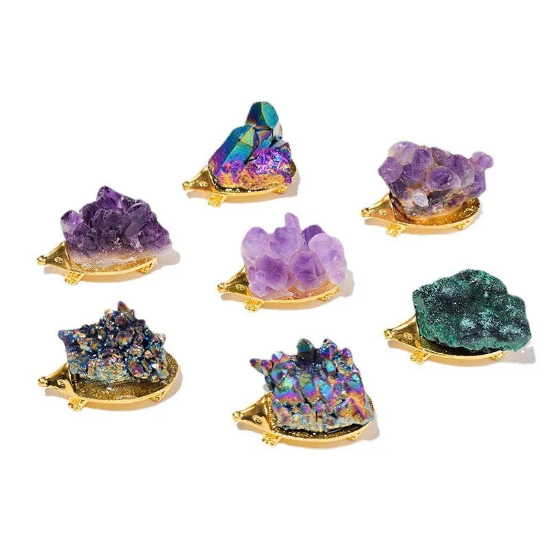 Mini Natural Amethyst Cluster Crystal Hedgehog Sculpture Raw Stone Animal Statue Craft Decoration