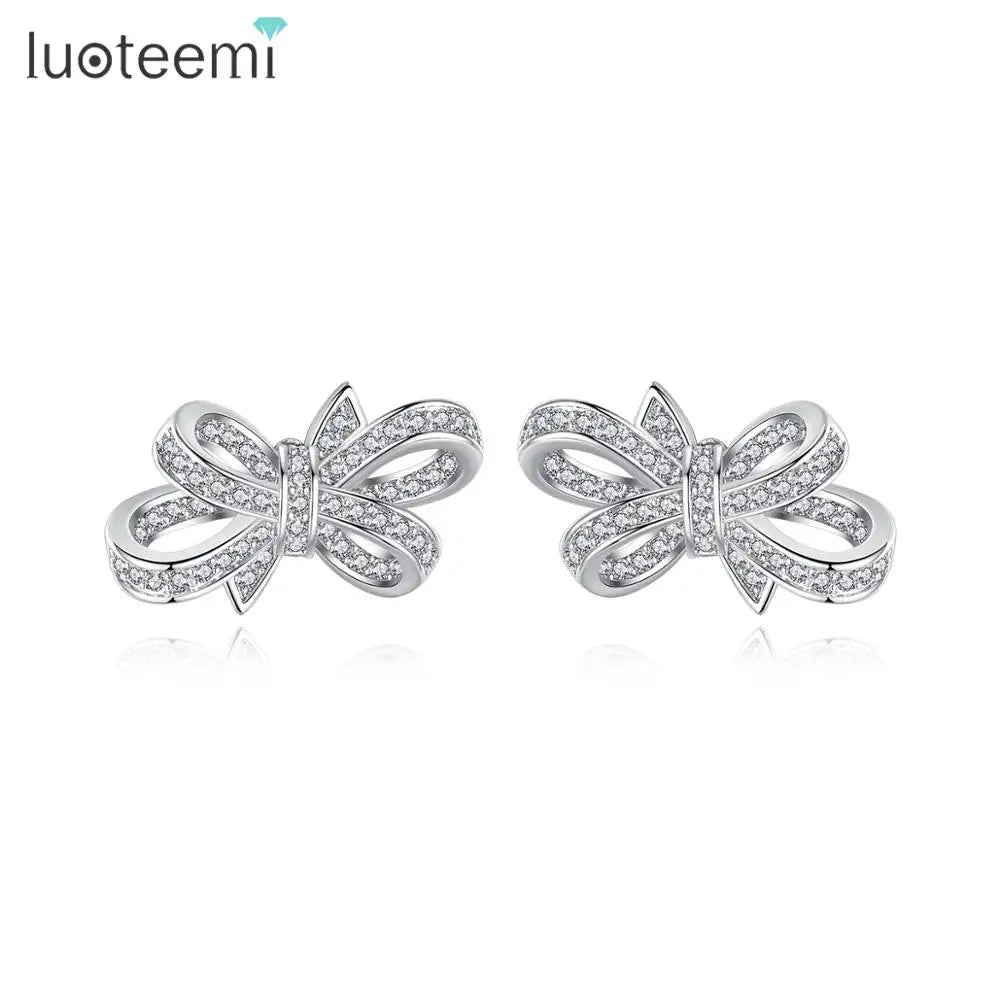 LUOTEEMI Bowknot Women Cubic Zirconia Gift Stud Earrings a AA Cubic Zirconia Girl Stud Earring