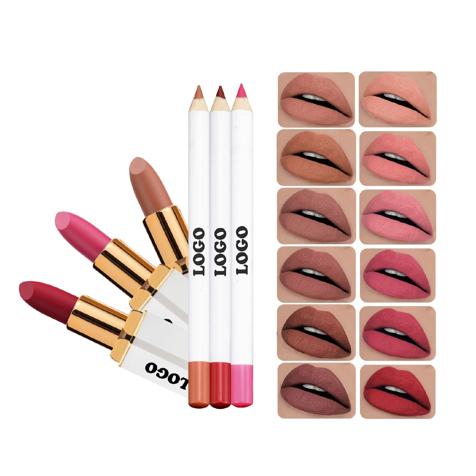 Custom Logo Vegan Matte Lip Stick and Lipliner Waterproof Brown Private Label Lip Liner Lipstick Kit