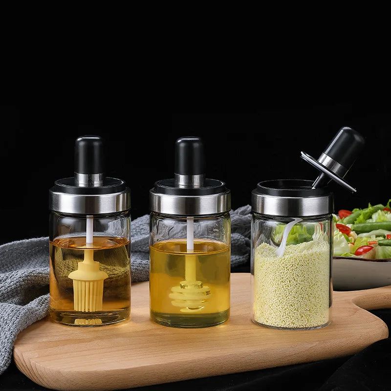 Kitchen Spice Jar Scoop Cover High Borosilicate Glass 250ml Eco-Friendly Transparent Seasoning Honey Oil Brush Barbecue Salt Set