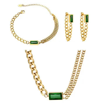 Tiktok Hot Trend Gold Chain Necklace Pendant Bracelet Long Tassels Earring Green Zircon Jewelry Set for Women Couple