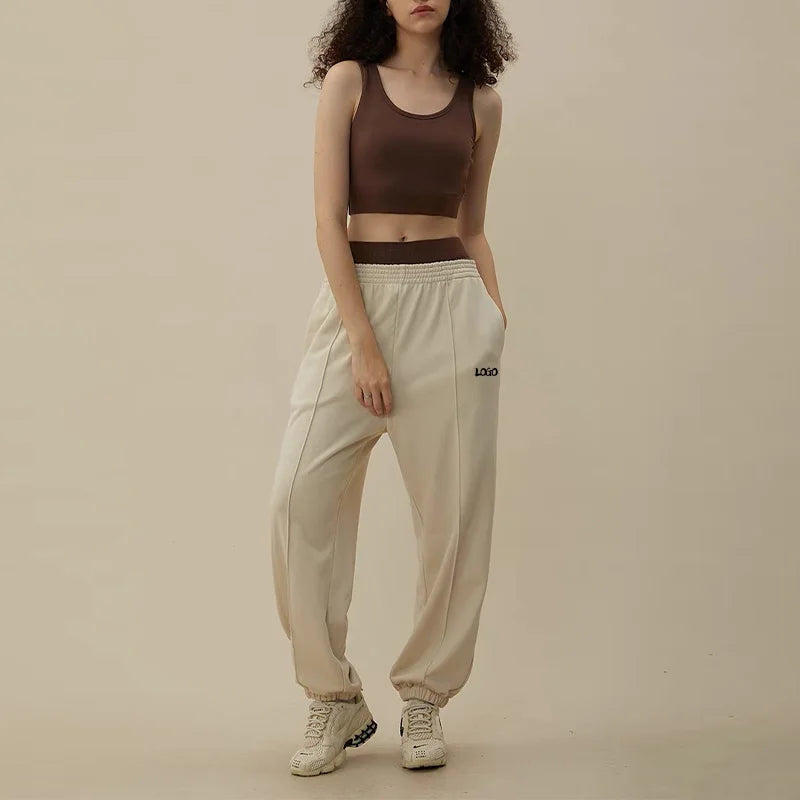 F230689 Womens Mid Rise Adjustable Drawcord Elasticated Cuff Pants Custom Logo Blank Cotton French Fleece Sweatpants Jogger