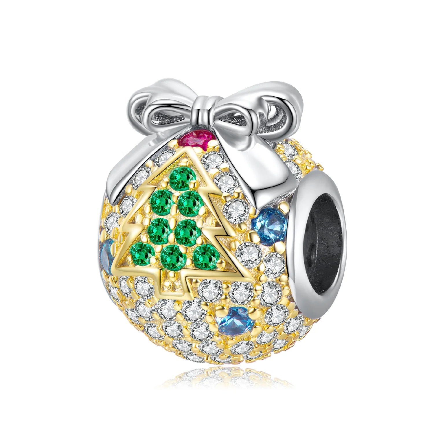 Luxury Bow Christmas Ball Designer Charms 925 Sliver with Christmas Tree Pattern Shiny Zircon Bead Fit Original Bracelet Jewelry