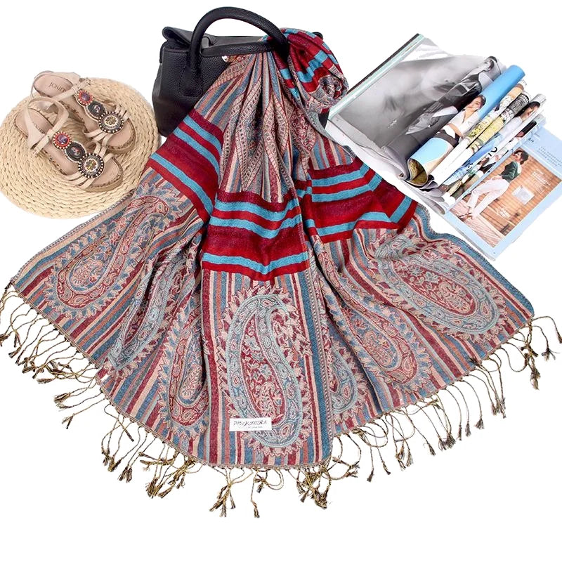 Manufacturers Wholesale Ethnic Wind Long Scarf Large Jacquard Tassel Cotton Polyester Women Shawl 175*70cm Dual-purpose Scarf