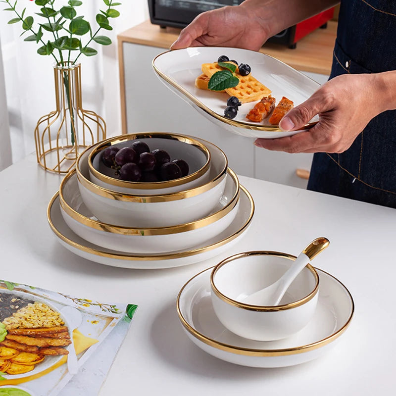 Nordic Luxury Wedding White Dishes Plates Dinner Tableware Set Custom Golden Edge Ceramic Dinnerware Set