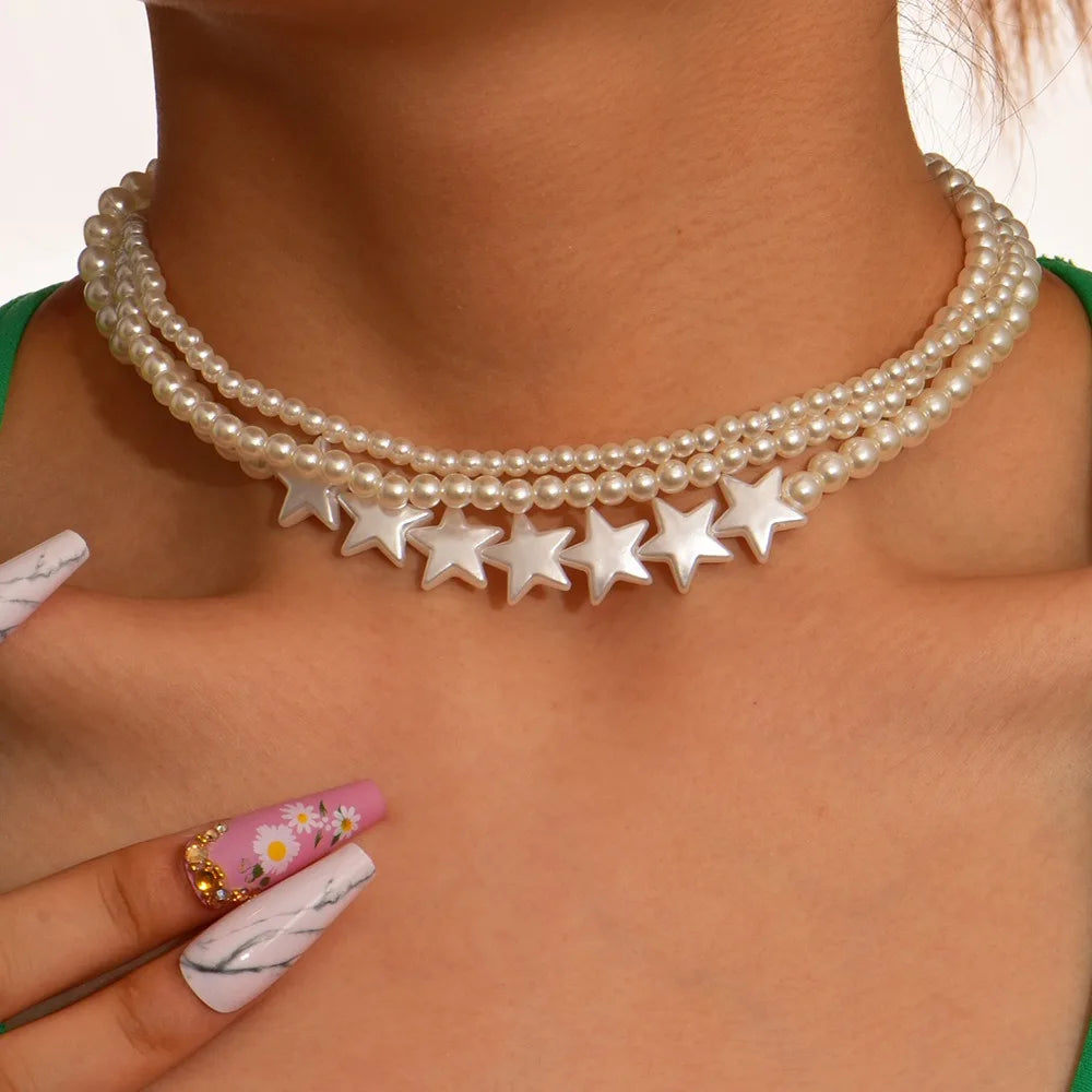 New Arrival Freshwater Pearl Beaded Necklace for Women Girls Dainty Star Shell Beads Clavicle Necklace Set Adjustable Jewelry