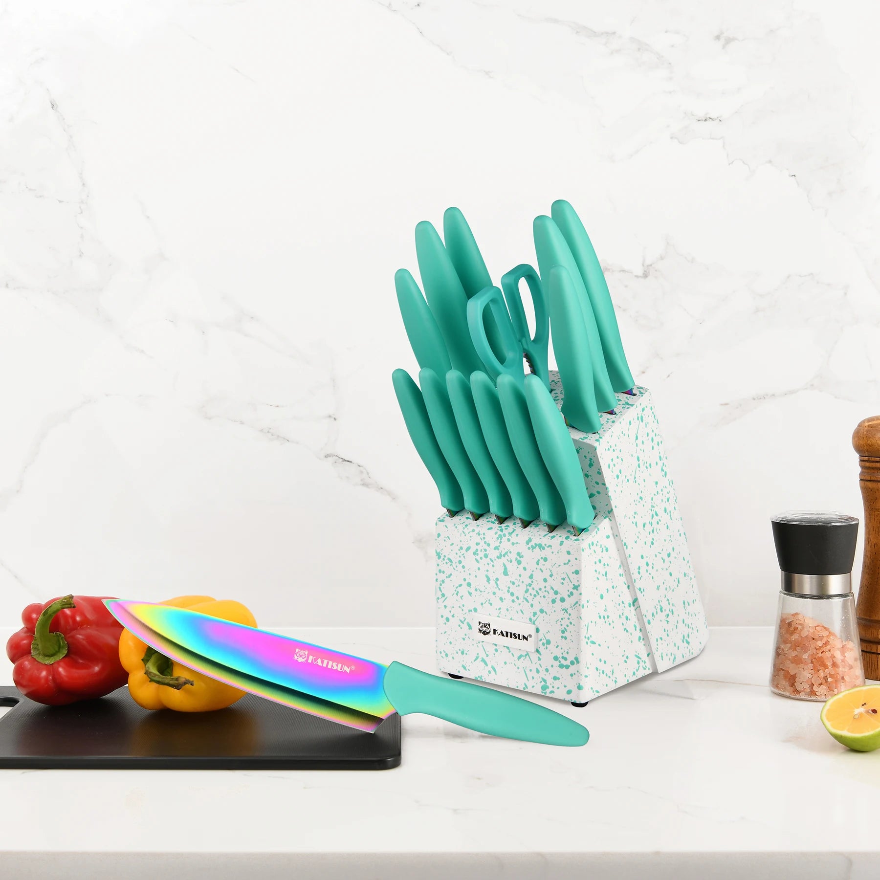 14PCS Green Chef Steak Santoku Fruit Knives Set Sharp Chef Knife Sets With Wood Knife Holder Shears