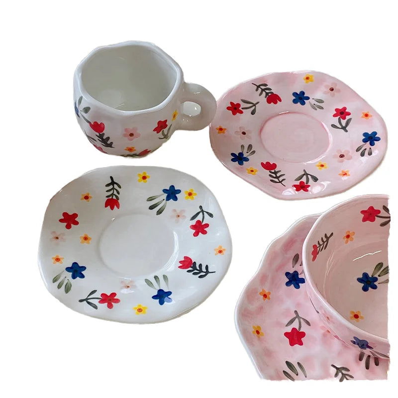 Creative Pastoral Flower Ceramic Plate Hand-Kneaded Irregular Style for Breakfast Dessert Food