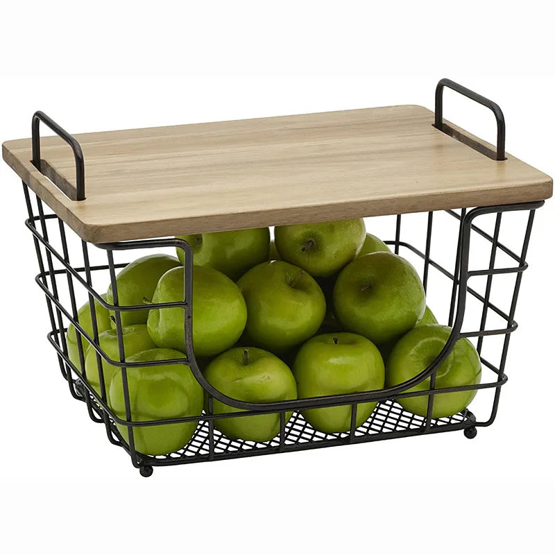 Custom Countertop Fruit Basket Bread Bowl with Wooden Top for Kitchen Stackable Vegetable Onion Storage Wire Basket with Hangers
