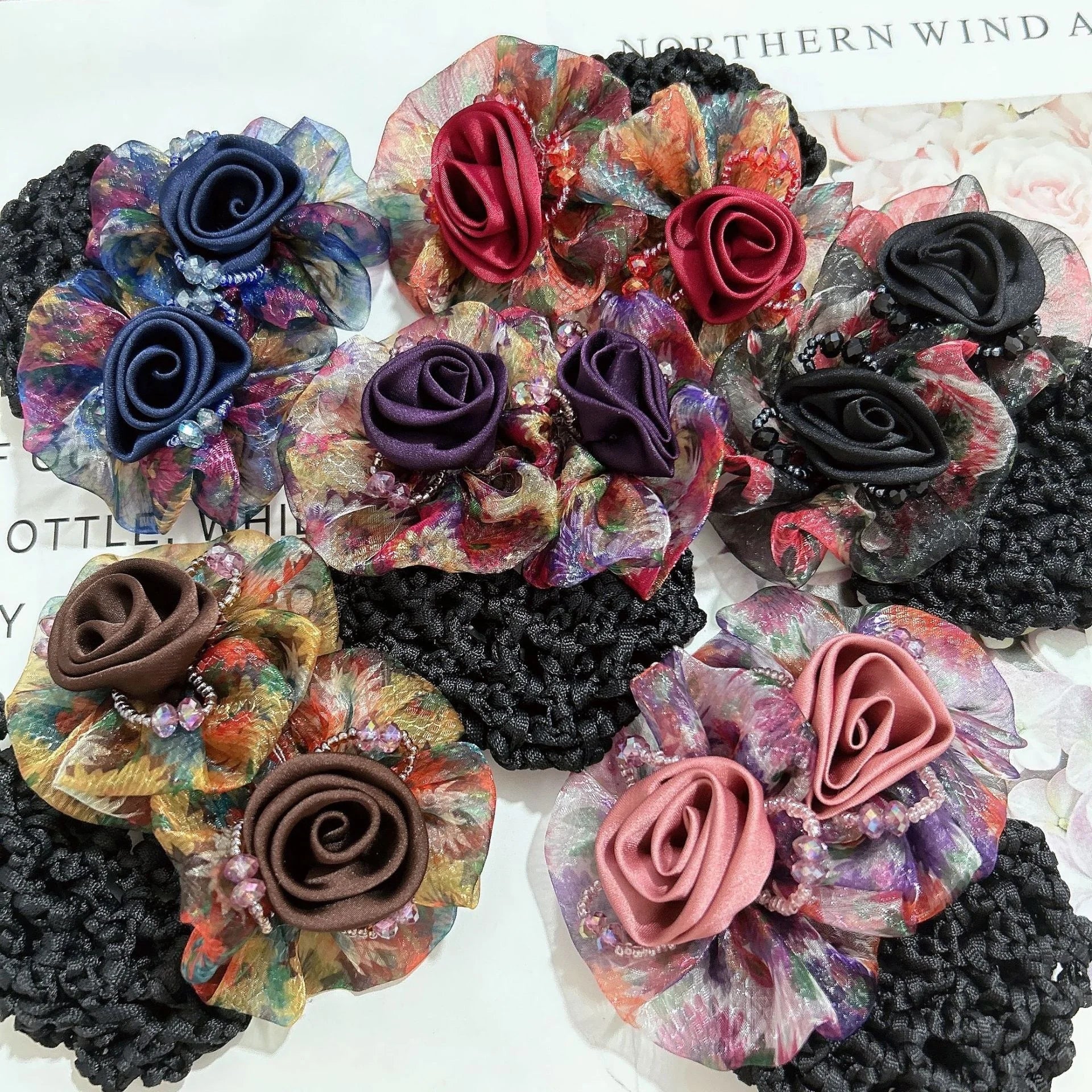 Hair Accessories Tie Crystal Flower Cap Band Rhinestone Barrette Rose Hair Clip Braid Wrap Black Mesh Ponytail Bun Hair Net